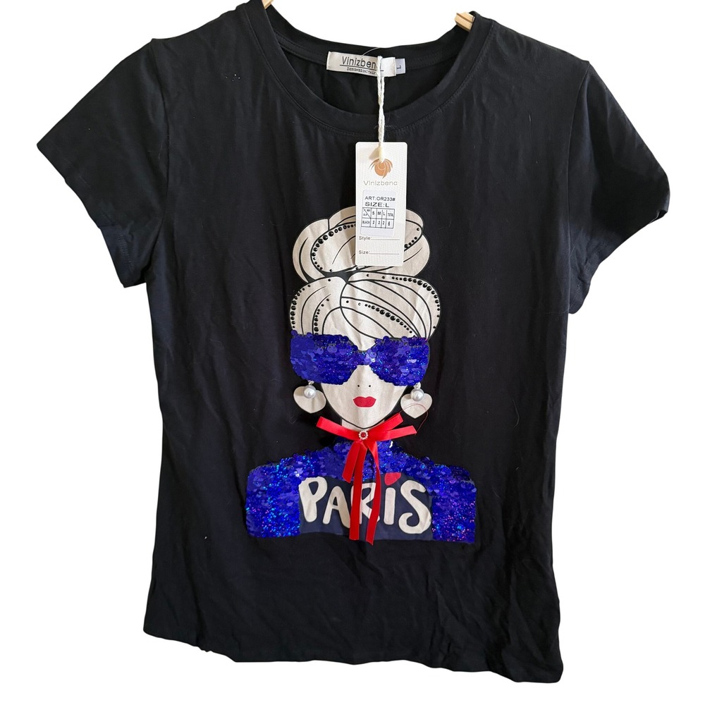 Vtg y2k Vinizbena Paris Graphic T-Shirt Black Sequin Embellished Bow Large NEW